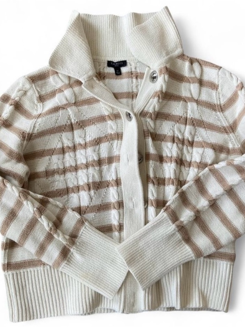 Talbots Cream & Beige Striped Cable-Knit Cardigan Sweater